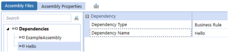 Blue highlight over new business rule dependency created with the name of Hello. Settings include the dependency type and name. 